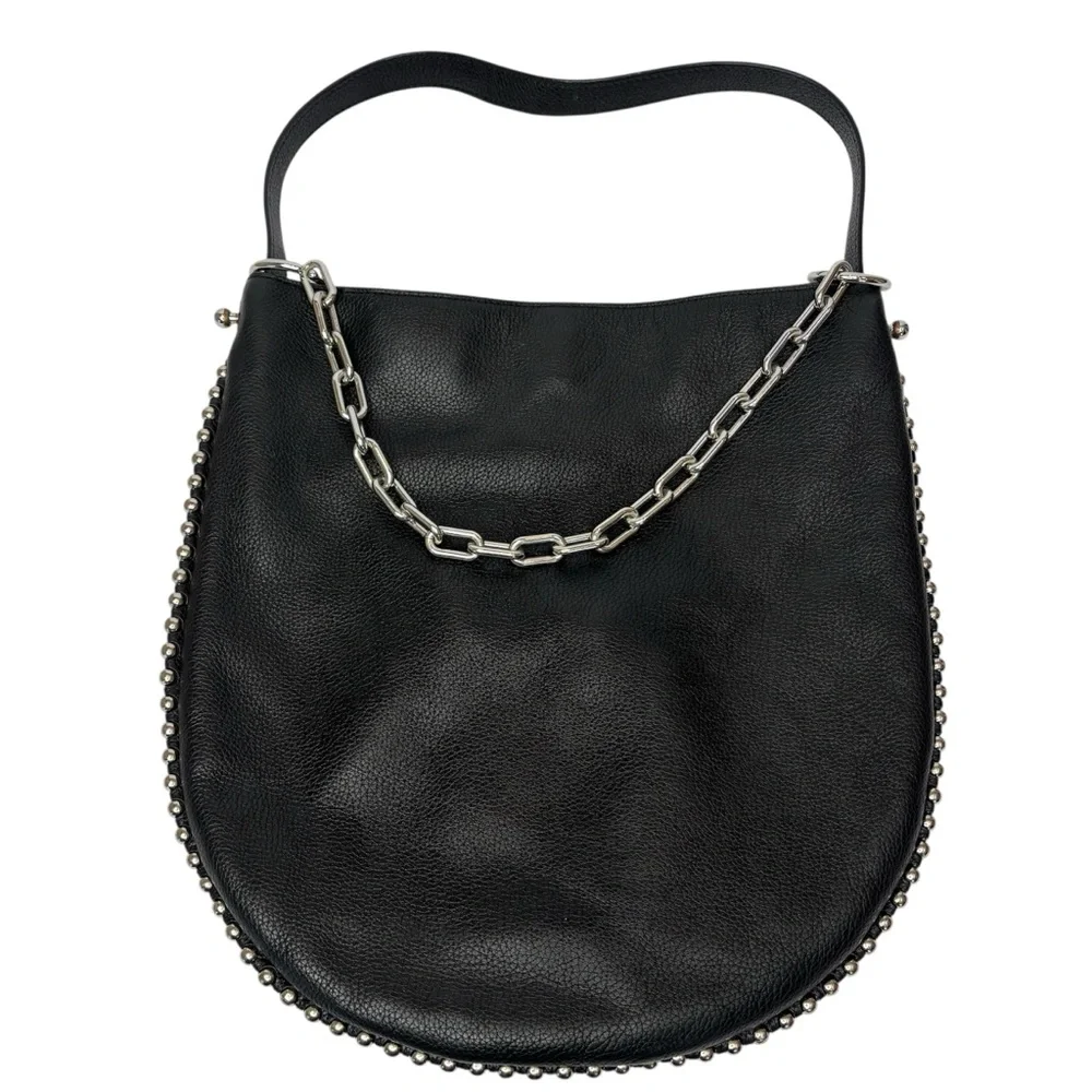 Alexander Wang Roxy Hobo Bag Black Pebbled Leather Silver Studs Crossbody Strap